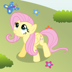 Size: 1260x1260 | Tagged: safe, artist:mattbas, fluttershy, butterfly, pegasus, pony, bush, cute, female, flower, grass, looking up, mare, nature, shyabetes, smiling, solo, standing