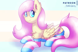 Size: 2250x1500 | Tagged: safe, artist:shad0w-galaxy, fluttershy, pegasus, pony, clothes, female, headcanon, lgbt, lgbt headcanon, mare, pride, pride flag, pride month, socks, solo, striped socks, trans girl, transgender, transgender pride flag