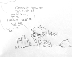 Size: 1280x1026 | Tagged: safe, artist:tjpones, applejack, earth pony, pony, anvil, black and white, dialogue, ear fluff, grayscale, implied flutterdash, implied fluttershy, implied lesbian, implied rainbow dash, implied shipping, lineart, monochrome, offscreen character, raised hoof, simple background, solo, traditional art