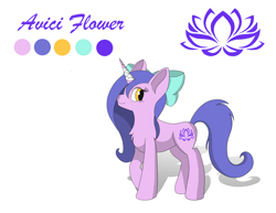 Size: 3300x2550 | Tagged: safe, artist:lunar froxy, oc, oc only, oc:avici flower, pony, unicorn, bandage, bow, drawn on phone, female, mare, reference sheet, simple background, smiling, solo, white background