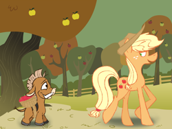 Size: 1024x768 | Tagged: safe, artist:azulmimi99, applejack, earth pony, pony, apple, basket, crossover, female, fence, food, moehog, neopets, orchard