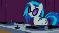 Size: 637x357 | Tagged: safe, screencap, dj pon-3, vinyl scratch, pony, unicorn, suited for success, ei, hub logo, hubble, solo, the hub