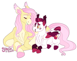 Size: 2611x2060 | Tagged: safe, artist:horsepowerred, fluttershy, oc, oc:tuff luv, pegasus, pony, adopted offspring, blood, bruised, chest fluff, coat markings, colored ears, colored hooves, duo, ear fluff, eyes closed, female, filly, floppy ears, fluttermom, heart, mare, mother and child, mother and daughter, nosebleed, open mouth, parent and child, parent:fluttershy, prone, simple background, speech bubble, stray strand, transparent background