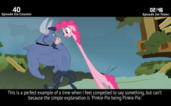 Size: 1280x800 | Tagged: safe, edit, screencap, pinkie pie, bull, earth pony, minotaur, pony, putting your hoof down, cinemare sins, duo, female, long neck, male, mare, nose piercing, nose ring, piercing, pinkie being pinkie, stretched neck