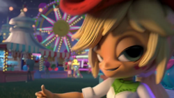 Size: 1280x720 | Tagged: safe, screencap, applejack, equestria girls, creepy, doll, equestria girls minis, fun at the theme park, nightmare fuel, scary, smiling, smirk, solo, toy, uncanny valley