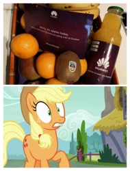 Size: 3106x4096 | Tagged: safe, edit, edited screencap, screencap, applejack, honest apple, banana, food, fruit, huawei, implied apple, irl, kiwi fruit, obligatory pony, orange, photo