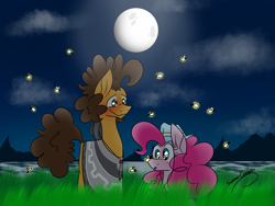 Size: 2048x1536 | Tagged: safe, artist:summer-cascades, cheese sandwich, pinkie pie, earth pony, firefly (insect), pony, blushing, cheesepie, clothes, cloud, cloudy, female, full moon, glow, grass, hat, male, moon, night, poncho, shipping, straight