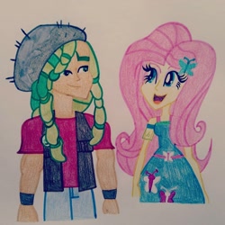 Size: 1080x1080 | Tagged: artist needed, safe, fluttershy, sandalwood, better together, equestria girls, breasts, female, male, sandalshy, shipping, straight, traditional art