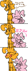 Size: 840x2069 | Tagged: safe, artist:summer-cascades, cheese sandwich, pinkie pie, earth pony, pony, blushing, cheesepie, comic strip, female, funny, humor, limited palette, male, shipping, simple background, straight, white background