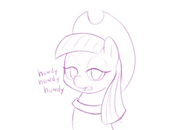 Size: 500x369 | Tagged: safe, artist:dstears, maud pie, earth pony, pony, applejack's hat, bust, cowboy hat, dialogue, female, hat, howdy, looking at you, mare, monochrome, portrait, simple background, solo, white background