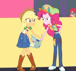 Size: 676x630 | Tagged: safe, screencap, applejack, pinkie pie, better together, equestria girls, rollercoaster of friendship, background human, belt, boots, clothes, cowboy boots, cowboy hat, denim skirt, female, freckles, fun inspector, fun inspector pinkie, geode of super strength, hat, high heel boots, map, messy, pants, shoes, skirt, stetson