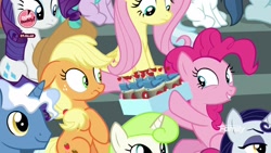 Size: 1920x1080 | Tagged: safe, screencap, applejack, moonlight raven, pinkie pie, pokey pierce, rarity, earth pony, pegasus, pony, unicorn, the washouts (episode), "scootaloo's super-difficult stunt" special cupcakes, bake it like buddy, cowboy hat, discovery family logo, duo focus, eyeshadow, female, freckles, hair tie, hat, horn, looking down, makeup, male, mare, minty green, sitting, smiling, stallion, stetson, wings