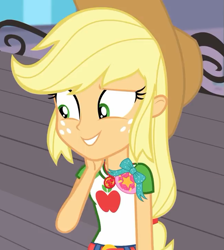 Size: 645x720 | Tagged: safe, screencap, applejack, better together, equestria girls, rollercoaster of friendship, arm behind head, clothes, cowboy hat, female, fun inspector, geode of super strength, hat, smiling