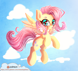 Size: 1100x1000 | Tagged: safe, artist:chaosangeldesu, fluttershy, pegasus, pony, cloud, cute, female, flying, looking at you, mare, patreon, patreon logo, shyabetes, sky, smiling, solo, spread wings, stray strand, three quarter view, wings