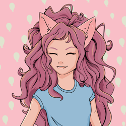 Size: 4028x4028 | Tagged: safe, artist:lavendernouga, artist:lavendernougat, pinkie pie, human, absurd resolution, balloon, clothes, curly hair, cute, diapinkes, eared humanization, ears, eyes closed, humanized, open mouth, shirt, smiling, solo, t-shirt