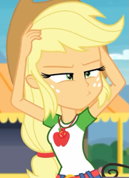 Size: 521x720 | Tagged: safe, screencap, applejack, better together, equestria girls, rollercoaster of friendship, clothes, cowboy hat, cropped, female, freckles, geode of super strength, hair tie, hands on head, hat, pouting, shirt, skirt, solo, squint, stetson