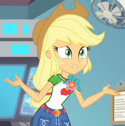 Size: 714x720 | Tagged: safe, screencap, applejack, better together, equestria girls, rollercoaster of friendship, belt, clothes, cowboy hat, denim skirt, female, freckles, fun inspector, geode of super strength, hat, skirt, stetson