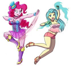 Size: 3168x2960 | Tagged: safe, artist:danmakuman, edit, pinkie pie, princess skystar, equestria girls, armpits, belly button, breasts, cleavage, equestria girls-ified, female