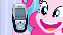 Size: 1024x577 | Tagged: safe, edit, edited screencap, screencap, pinkie pie, better together, equestria girls, super squad goals, 2006, cellphone, exploitable meme, happy, meme, nokia, phone, pinkie pie is amused