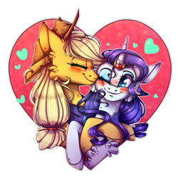 Size: 1750x1750 | Tagged: safe, artist:soundwavepie, applejack, rarity, earth pony, pony, unicorn, beautiful, blushing, cute, daaaaaaaaaaaw, engagement ring, female, jackabetes, kiss on the cheek, kissing, lesbian, love, mare, pretty, raribetes, rarijack, shipping, simple background, transparent background