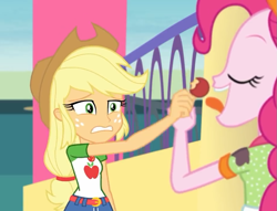 Size: 943x720 | Tagged: safe, screencap, applejack, pinkie pie, better together, equestria girls, rollercoaster of friendship, belt, clothes, cowboy hat, cropped, denim skirt, disgusted, female, freckles, fun inspector, fun inspector pinkie, geode of super strength, hat, skirt, stetson