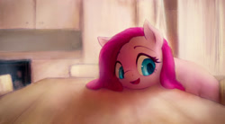 Size: 1280x704 | Tagged: safe, artist:plotcore, pinkie pie, earth pony, pony, cute, cuteamena, diapinkes, female, indoors, mare, open mouth, pinkamena diane pie, smiling, solo, table