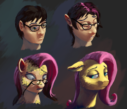 Size: 1458x1260 | Tagged: safe, artist:eqlipse, fluttershy, human, pony, bust, female, glasses, human to pony, male, male to female, mare, rule 63, three quarter view, transformation, transformation sequence, transgender transformation