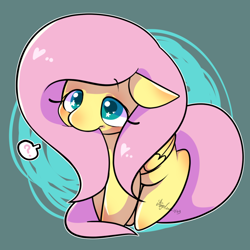 Size: 1280x1280 | Tagged: safe, artist:snow angel, fluttershy, pegasus, pony, abstract background, biting, cute, floppy ears, folded wings, hair bite, heart, question mark, shyabetes, solo, speech bubble, three quarter view, wingding eyes, wings