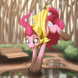 Size: 4000x4000 | Tagged: safe, artist:ohemo, pinkie pie, earth pony, pony, absurd resolution, bench, bush, clothes, cute, diapinkes, female, forest, looking down, mare, muddy hooves, open mouth, puddle, raincoat, solo, water