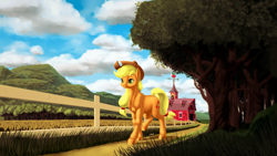 Size: 2560x1440 | Tagged: safe, artist:samum41, applejack, earth pony, pony, barn, cloud, female, fence, food, grass, hat, mare, scenery, solo, sweet apple acres, tree, walking, wheat