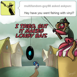 Size: 800x800 | Tagged: safe, artist:casynuf, dj pon-3, vinyl scratch, oc, oc:pun, pony, ask, ask pun, fishing rod, record