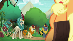 Size: 1024x575 | Tagged: safe, screencap, applejack, autumn afternoon, cinder glow, rain shine, summer flare, winter flame, earth pony, kirin, pony, sounds of silence, background kirin, female, male, mare, sitting, tree stump