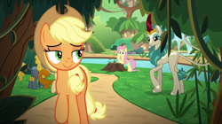 Size: 1020x573 | Tagged: safe, screencap, applejack, autumn afternoon, fluttershy, rain shine, winter flame, earth pony, kirin, pegasus, pony, sounds of silence, background kirin, emotionless, female, kirin village, lidded eyes, looking back, male, mare, queen, raised hoof