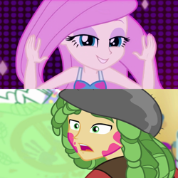 Size: 2000x2000 | Tagged: safe, edit, screencap, fluttershy, sandalwood, a banner day, better together, equestria girls, i'm on a yacht, female, male, neon eg logo, reaction, sandalshy, shipping, straight