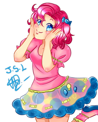 Size: 800x1000 | Tagged: safe, artist:solanapple, pinkie pie, human, blushing, boots, cheek squish, clothes, colored pupils, cute, diapinkes, dress, female, hair accessory, humanized, miniskirt, moe, shoes, signature, simple background, skirt, solo, squishy cheeks, transparent background