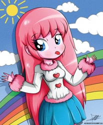 Size: 1280x1551 | Tagged: safe, artist:the-butch-x, oc, oc only, oc:fluffle puff, equestria girls, blue skirt, blue sky, blushing, breasts, busty fluffle puff, clothes, cloud, cute, equestria girls-ified, female, looking at you, rainbow, skirt, sky, solo, sun, sweater, tongue out, white sweater