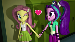 Size: 1920x1080 | Tagged: safe, artist:bigpurplemuppet99, artist:class37boy, aria blaze, fluttershy, equestria girls, 3d, ariashy, female, flutterblaze, lesbian, one eye closed, shipping, source filmmaker, wink