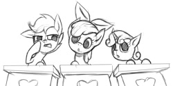 Size: 1000x500 | Tagged: safe, artist:zetamad, apple bloom, scootaloo, sweetie belle, earth pony, pegasus, pony, unicorn, atg 2017, cutie mark crusaders, desk, female, filly, monochrome, newbie artist training grounds, school, simple background, sketch, trio, whispering, white background