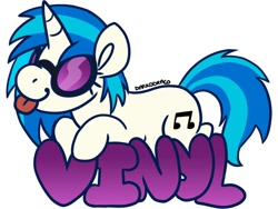 Size: 900x676 | Tagged: safe, artist:darkodraco, dj pon-3, vinyl scratch, pony, unicorn, badge, derp, female, mare, simple background, smiling, solo, sunglasses, tongue out, vinyl's glasses, white background