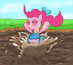 Size: 2000x1800 | Tagged: safe, artist:amateur-draw, pinkie pie, pony, bow, cheerleader, cheerleader outfit, clothes, dive, female, hair bow, happy, hooves up, jumping, laughing, mare, mud, mud fetish, muddy, skirt, skirt lift, solo, splash, story included, wet and messy