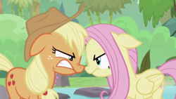 Size: 1334x750 | Tagged: safe, screencap, applejack, fluttershy, earth pony, pegasus, pony, sounds of silence, angry, duo, female, mare, nose to nose, nose wrinkle, teeth