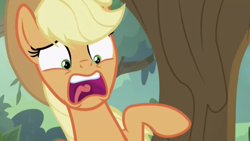 Size: 1334x750 | Tagged: safe, screencap, applejack, earth pony, pony, sounds of silence, female, mare, open mouth, scared, solo, tongue out, yelling