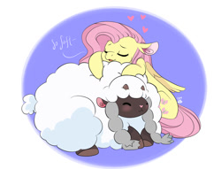 Size: 1024x781 | Tagged: safe, artist:cckittycreative, fluttershy, pegasus, pony, abstract background, blushing, cute, dialogue, duo, eyes closed, female, heart, mare, open mouth, pokemon sword and shield, pokémon, shyabetes, snuggling, soft, wooloo