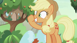 Size: 1334x750 | Tagged: safe, screencap, applejack, earth pony, pony, sounds of silence, awkward smile, boop, female, glimmerposting, grin, mare, meme, rubbing nose, self-boop, smiling, solo