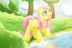 Size: 1500x1000 | Tagged: safe, artist:bel-assa, fluttershy, pegasus, pony, female, looking up, mare, open mouth, raised hoof, solo, tree, water