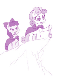 Size: 844x1000 | Tagged: safe, artist:dstears, apple bloom, sweetie belle, earth pony, pony, unicorn, atg 2017, crossover, female, filly, lord of the rings, monochrome, mount doom, newbie artist training grounds, parody, simple background, the one ring, white background