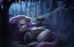 Size: 3000x1900 | Tagged: safe, artist:vanillaghosties, fluttershy, pegasus, pony, squirrel, comfort, dark, female, forest, lip bite, mare, one eye closed, scenery, solo, tree