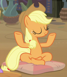 Size: 403x464 | Tagged: safe, screencap, applejack, earth pony, pony, a rockhoof and a hard place, cropped, cute, eyes closed, female, jackabetes, lotus position, mare, meditating, pillow, sitting, solo