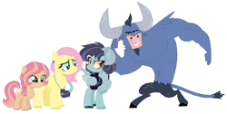 Size: 1278x642 | Tagged: safe, artist:geekcoffee, fluttershy, iron will, hybrid, minotaur, pegasus, pony, family, female, interspecies offspring, ironshy, male, offspring, parent:fluttershy, parent:iron will, parents:ironshy, shipping, straight