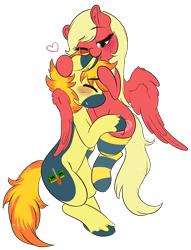 Size: 3581x4686 | Tagged: safe, artist:wickedsilly, oc, oc only, oc:melodis, oc:yaktan, pegasus, pony, blushing, clothes, female, male, mare, melotan, nibbling, oc x oc, shipping, simple background, socks, stallion, straight, striped socks, white background